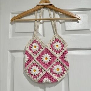 Handmade Crochet Daisy Floral Pink Bucket Bag